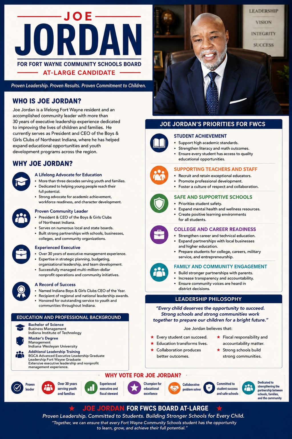 Joe Jordan for FWCS Board — full campaign flyer